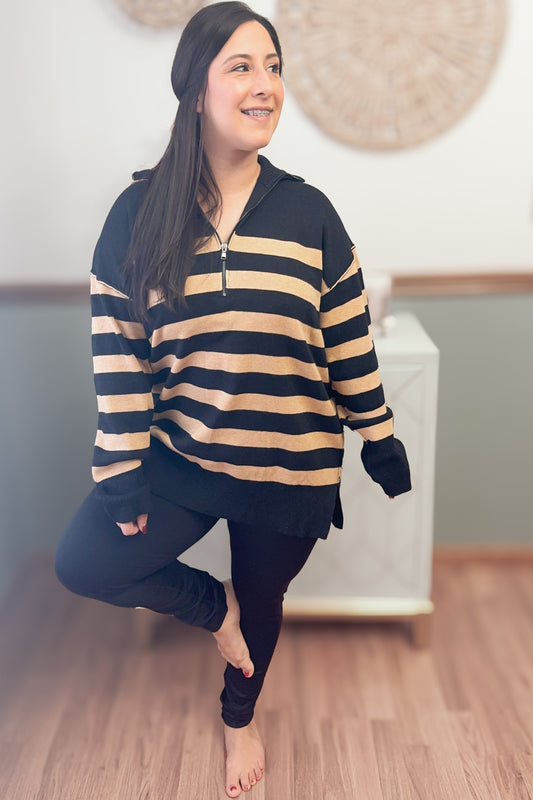 Well Situated Striped Quarter Zip Sweater in Black and Tan