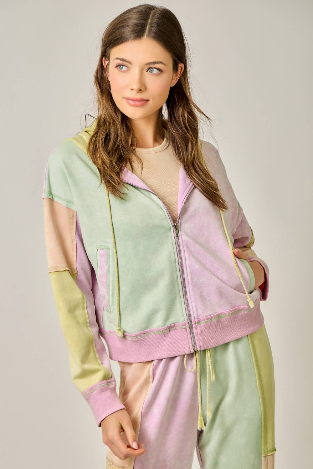 Color Blocked Zip-Up Hoodie: Pastel Garden