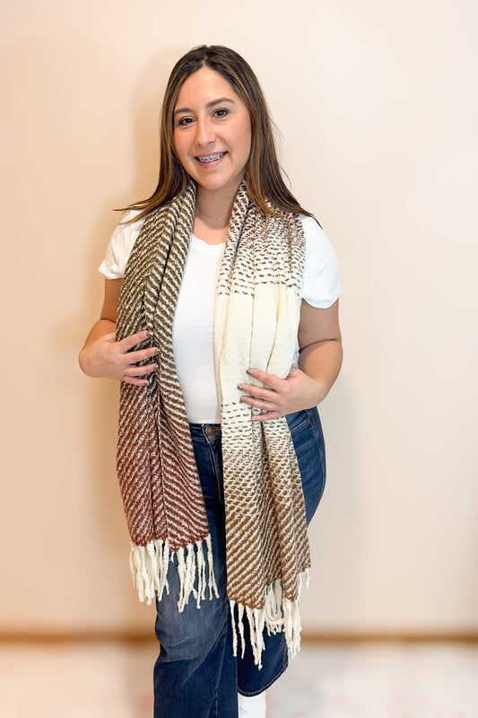 Cold Front Fringe Scarf in Coffee and Red