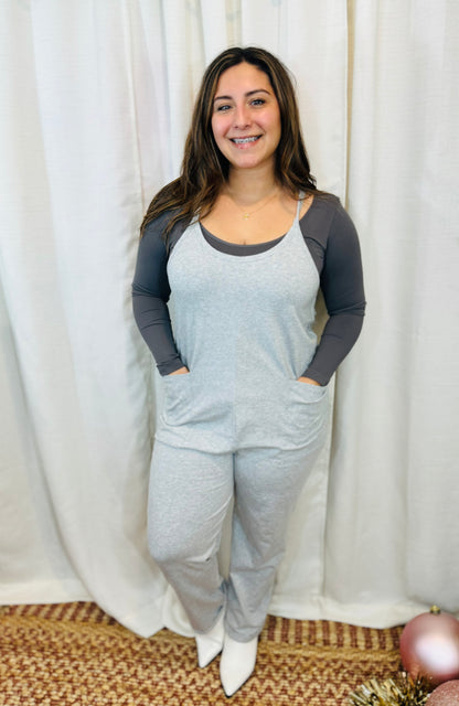 Totally Me Spaghetti Strap Jumpsuit in Heather Grey