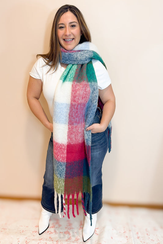 Wanderlust Wrap Oversized Plaid Fringe Scarf in Magenta and Teal