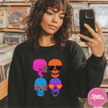 Faux Glitter Skulls Crewneck