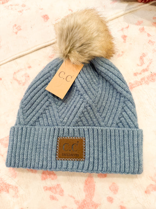 C.C Beanie With Puff - Steel Blue