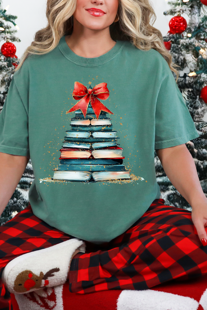 Red Gold Faux Glitter Book Tree Tee