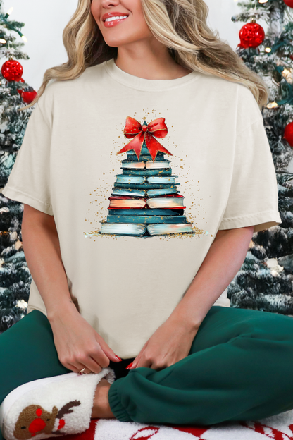 Red Gold Faux Glitter Book Tree Tee